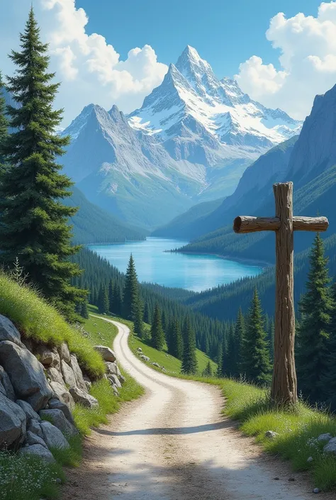 Landscape with mountain road with a cross and lake drawing