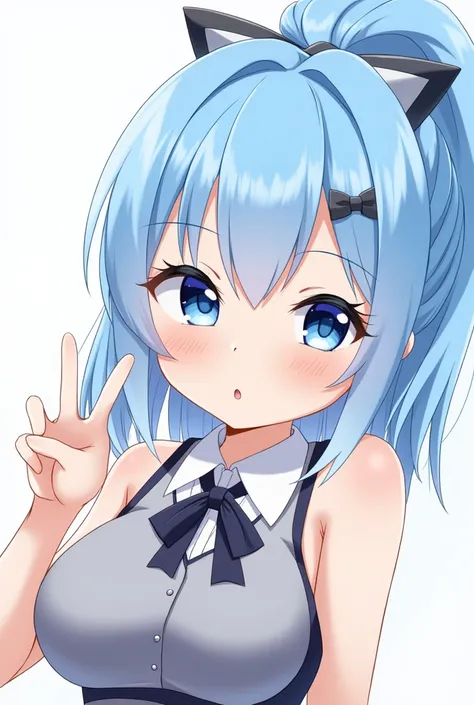 Blue hair, blue eyes, big breasts, anime girl, cute, bright, cheerful  