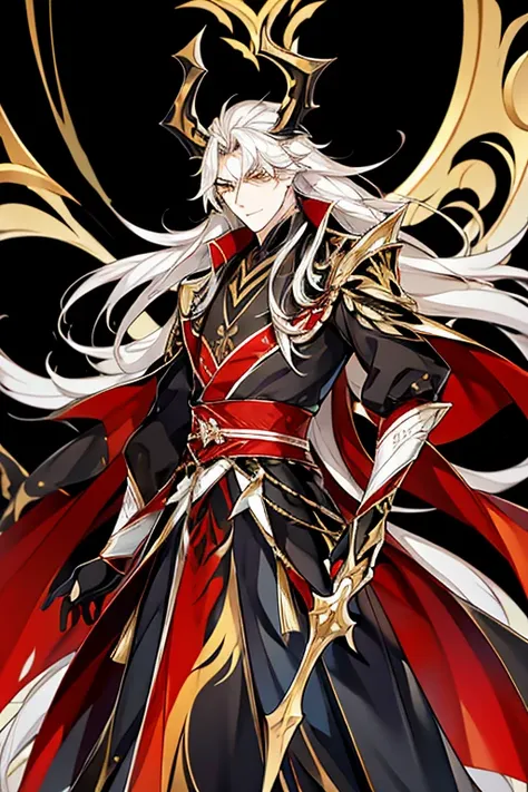 a handsome man with long white hair and yellow eyes, wearing a black shirt, black suit, and a hanfu with red dragon patterns and...