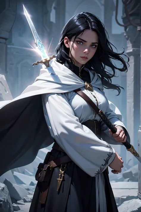 A young mage with short black hair, wearing a white cloak and black shirt, holding a magical sword, magical fantasy portrait, (best quality,4k,8k,highres,masterpiece:1.2),ultra-detailed,(realistic,photorealistic,photo-realistic:1.37),hyperrealistic,dramati...