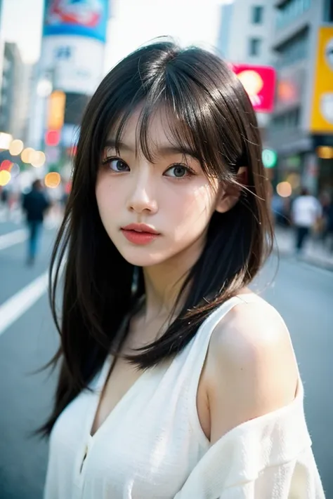 Medium style with bangs、Japanese woman with straight hair。Beautiful woman, Her hair color is elegant brown., White skin, The background is the cityscape of Shibuya,35mm film style