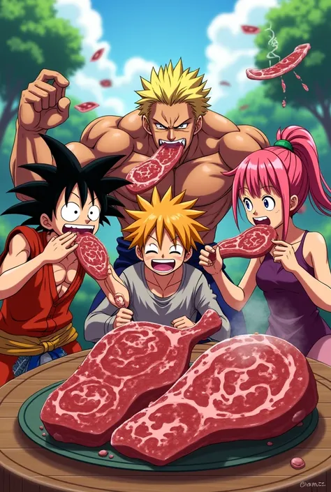 Draw Luffy, Goku, natsu, Naruto, and Erza eating meat