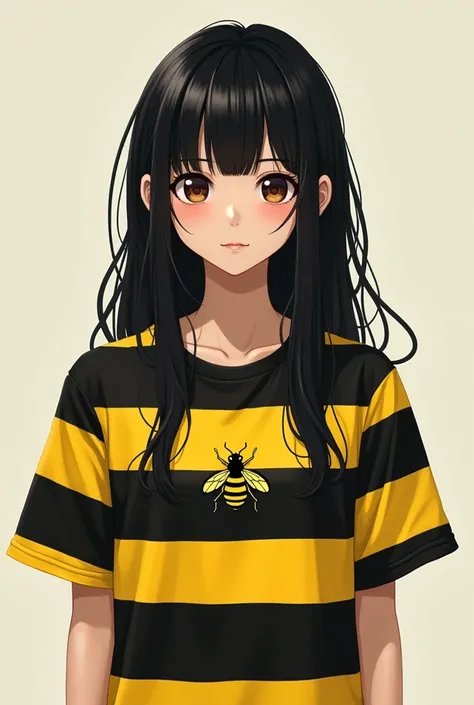 A teenager with long, straight hair sticking up in a black and yellow striped outfit with a tiny bee design in the middle of the shirt 