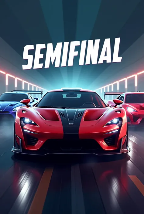 Semifinal written in the middle of the screen and sports cars in the background