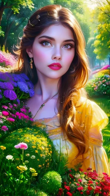 A girl in a garden,half:illustration,beautiful detailed eyes,beautiful detailed lips,Extremely detailed eyes and face,long eyeslashes,High Resolutions,ultra detailed,fotorrealist,vivid colors,bokeh,Portraits,warm tones,soft lighting, (The best quality,4k,8...