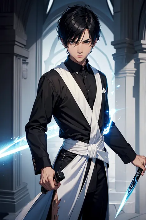 naughty man, man, boy, magician, short black hair, white robe, black jersey, magic sword