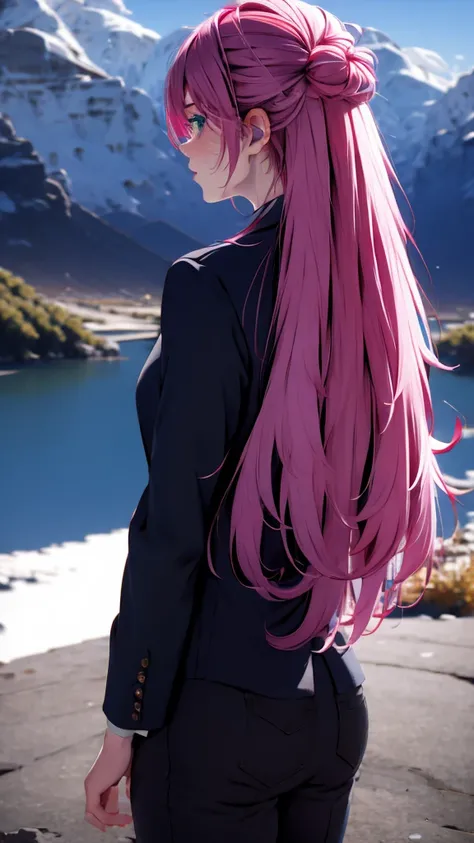 1 boy, pink hair , light blue eyes, wearing black suit 4D, city, absurdres, high res, ultrasharp, 8K, masterpiece, looking from behind