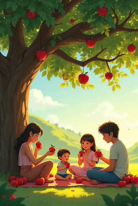 People sitting under a tree eating an apple 