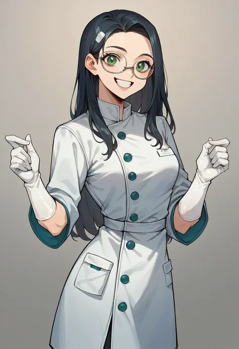 1younggirl, black long hair, green eyes, ((white elbow gloves)), ((surgical gloves)), ((latex gloves)), ((long sleeves)) ((blue surgeon outfit)), (doctor coat), looking at viewer with a happy face, ((surgeon girl)), standing, solo