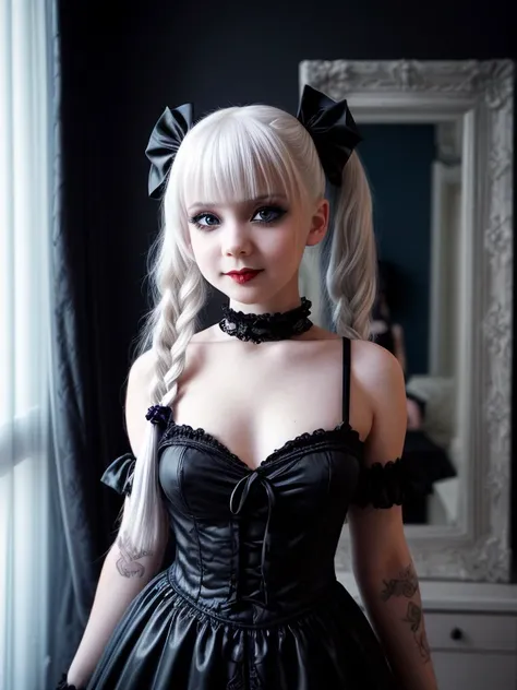 female sexy vampire|albino, pale porcelain skin, sexy vintage black dress, black skirt, (6 years old, loli:1.7), smile, shallow depth of field, grin|creepy, nightfall, detailed face, night, wide hips, narrow waist, portrait of woman standing, detailed eyes...