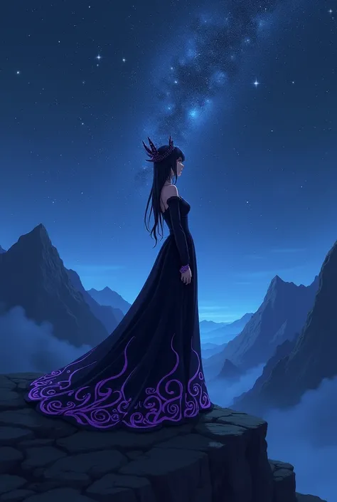 Create an anime image of a queen wearing a black dress with purple patterns standing on top of a mountain with her back to the viewer and looking up at the stars.