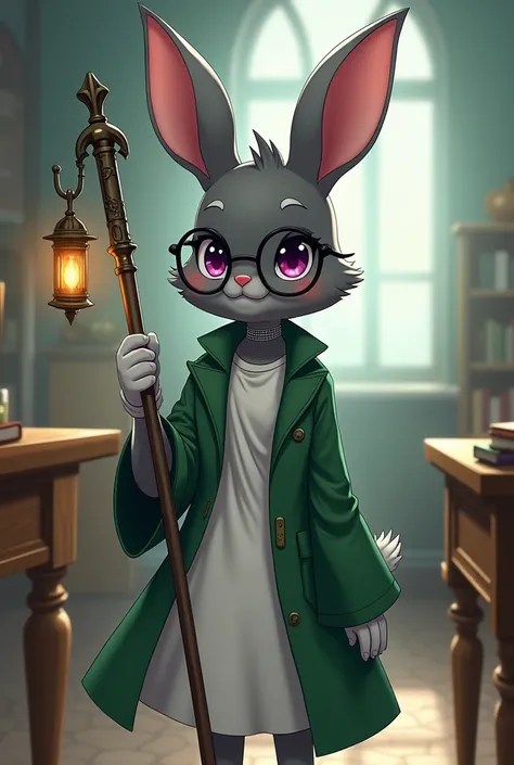 A fantasy, anime styled picture of a smaller rabbit woman with dark grey fur wearing a long moss green trenchcoat with a white dress underneath. She is standing in a magical classroom, holding a metal staff with a lantern at the end. She has large, circula...