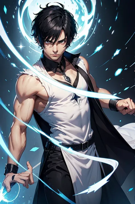 naughty man, man, magician, short black hair, white robe, black jersey, magic sword