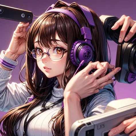 Draw a girl, Brown eyes, with glasses, long brown hair, chubby with freckles, with purple gamer headphones, with a control gamer, with a lot of bust with provocative clothes, purple background