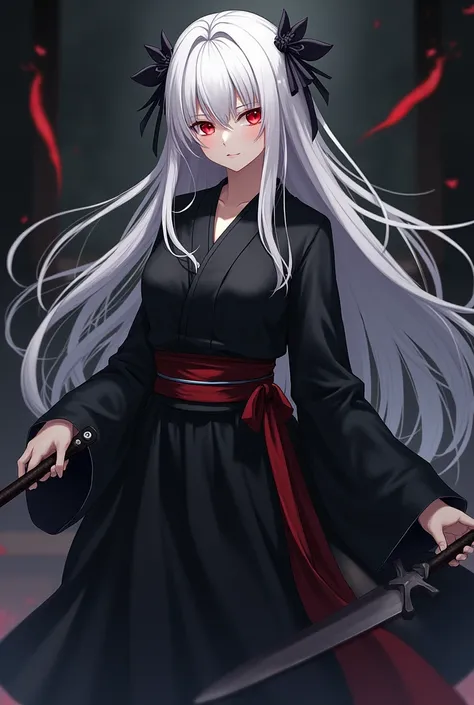 create me an original character from demony slayer, in the art style of demon slayer (description: female hashira, long white straight hair with black highlights, crimson red sharp eyes, wearing a black kimono, beautiful) holding a black and silver kunai, ...