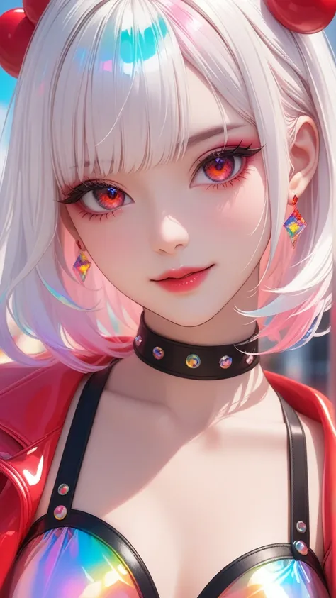 masterpiece, best quality:1.3, 1girl, white hair, red eyes, harajuku clothing, cute hair ornaments, evil smile, akihabara, transparent colorful vinyl clothing, detailed face, beautiful detailed eyes, beautiful detailed lips, long eyelashes, delicate facial...