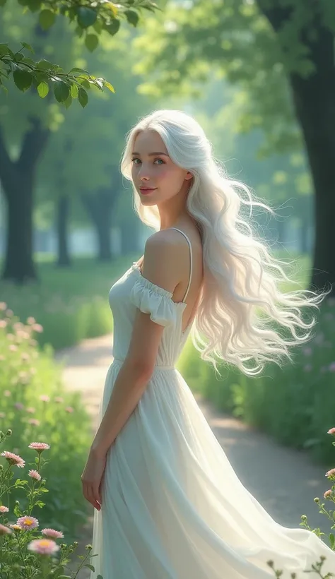 a woman wearing a white dress, blue eyes, long white hair was smiling in the city park