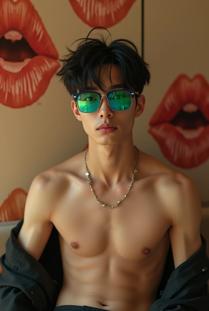 A handsome 20 year old Korean man with messy hair wearing shiny green-blue glasses that are anti-UV radiation without a shirt and shorts, there are several pictures of reddish brown lips on his neck, under his head, in the background of an elegant room.