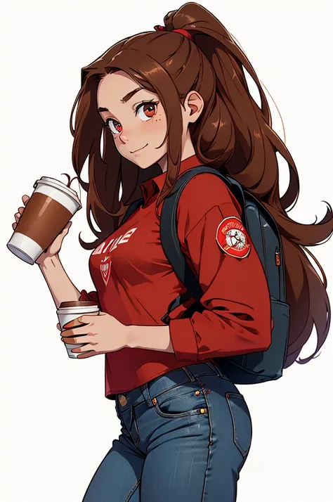 (1 girl, solo), (girl is young, 20yo, (brown long hair), standing, looking at the viewer, carrying a backpack, (holding a cup of coffee ), jeans, (red shirt), big eyes, slim body, happy expression on the face, (well-detailed face)), sunny day, (ultra detai...