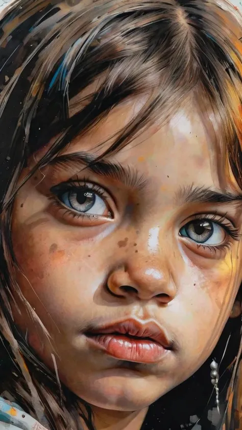 A detailed, photorealistic portrait of a beautiful young girl, with striking features and a serene expression, inspired by the art of Jim Mahfoud and Enki Bilal, with ultra-detailed, hyper-realistic rendering, vibrant colors, dramatic lighting, and an air ...