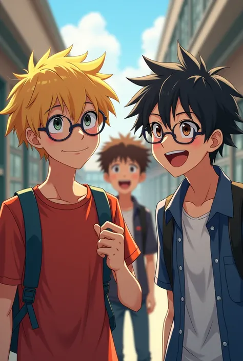 Make a teenage boy blonde, A teenage male with black hair wearing glasses and a boy with brown, unruly hair leaving class to eat at recess