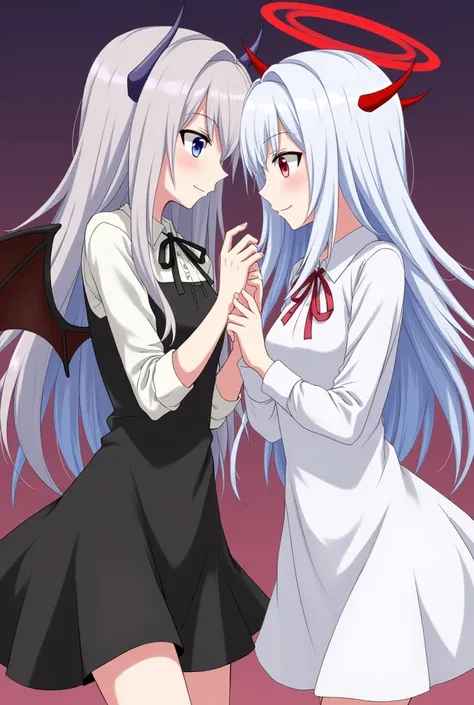 
yuzuki roa, black dress, heterochromia, demon girl, bat wing, chitose, kudou, white hair, white dress, lesbian sex, 2 girls