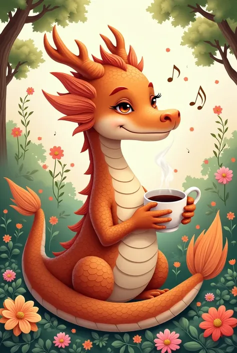 Chinese style brown dragon,Background garden,Trees,dragon holding coffee,Relaxed expression,like a lady,Flowers in the background,Background with musical notes