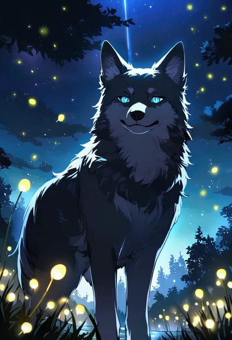 Beautiful black wolf with blue; slightly glp eyes. In the background a night landscape in nature. The moon is shining. Fireflies. Magical lights fly around. Magical night.