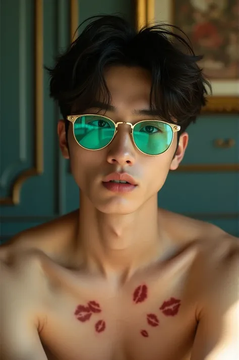 A handsome 20 year old Korean man with messy hair wearing shiny green-blue glasses that are anti-UV radiation without a shirt and shorts, there are several pictures of reddish brown lips on his neck, under his head, in the background of an elegant room.