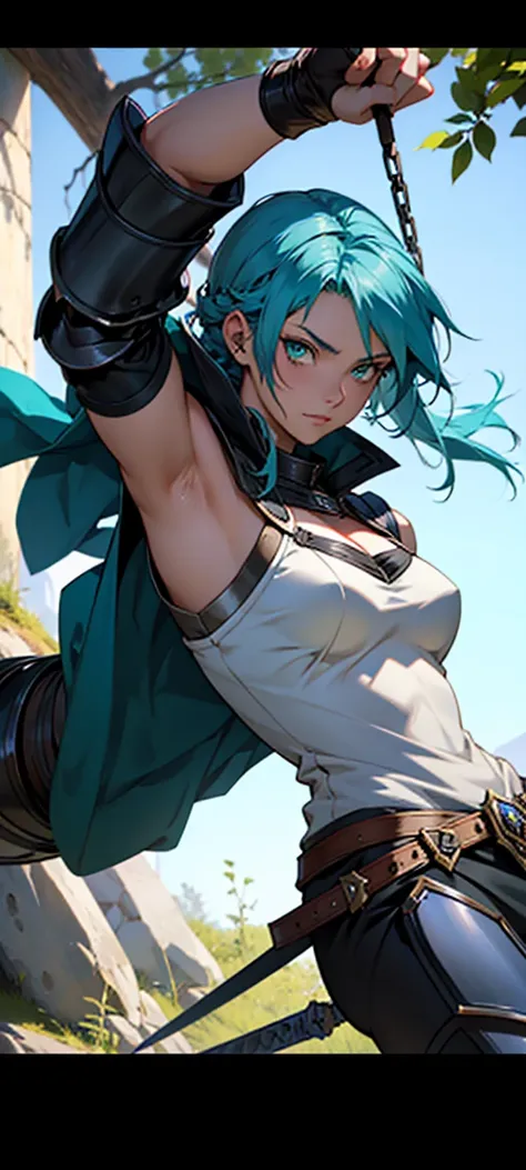 A fantasy anime 23 year old woman with blue hair and green eyes. She is wearing knight armor and is swinging a sword.