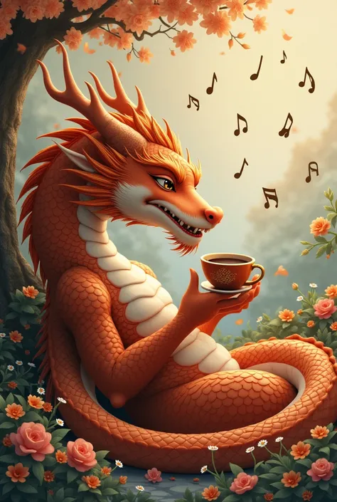 Chinese style brown dragon,Background garden,Trees,dragon holding coffee,Relaxed expression,like a lady,Flowers in the background,Background with musical notes