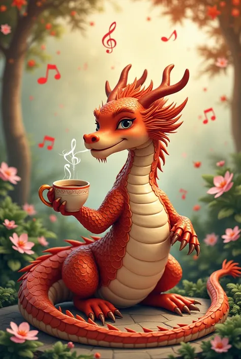 Chinese style brown dragon,Background garden,Trees,dragon holding coffee,Relaxed expression,like a lady,Flowers in the background,Background with musical notes