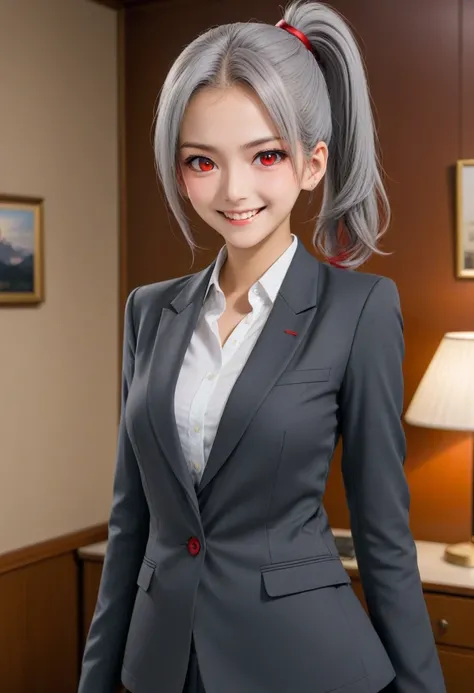 Pomuochan、score_9, score_8_superior, score_7_superior,  One girl,Red eyes,smile, room, wariza, ponytail,Grey Hair, blazer,