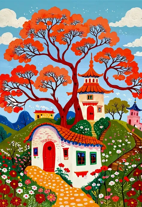 there is a poster existith a red tree and a building on a hill, inspired by Huang Gongexistang, 受arrive董其昌的启发, inspired by Gao Xiang, chinese existatercolor style, by Gao Xiang, Inspired by Xiao Yuncong, Chinese painting style, author：Xia Gui, Inspired by ...