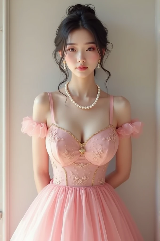 An elegant, mature young woman wearing a pink lolita outfit。Full body front view、Asian、The skin is relatively white、Luxurious clothing、Silky transparent lace on the clothes、Gold wire trim、Jewelry decoration、A pearl necklace hangs around her neck。