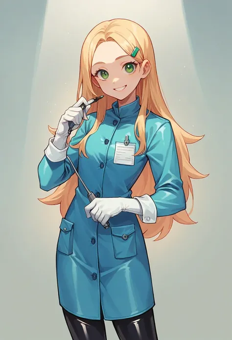 1 young cute girl, black long hair, green eyes, ((white elbow gloves)), ((surgical gloves)), ((latex gloves)), ((long sleeves)) ((blue surgeon outfit)), (doctor coat), looking at viewer with a smile, ((surgeon girl)), standing, solo