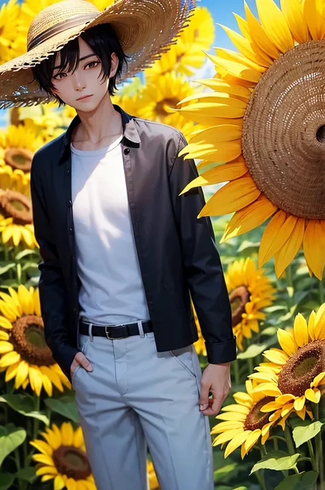 Black Hair　Short Hair　Golden Eyes　Beautiful Boy　man　Straw hat　shirt　sunflower　blue sky