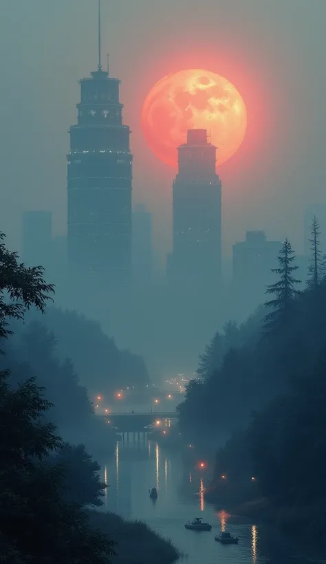 City at Dawn,Fantasy art,fog