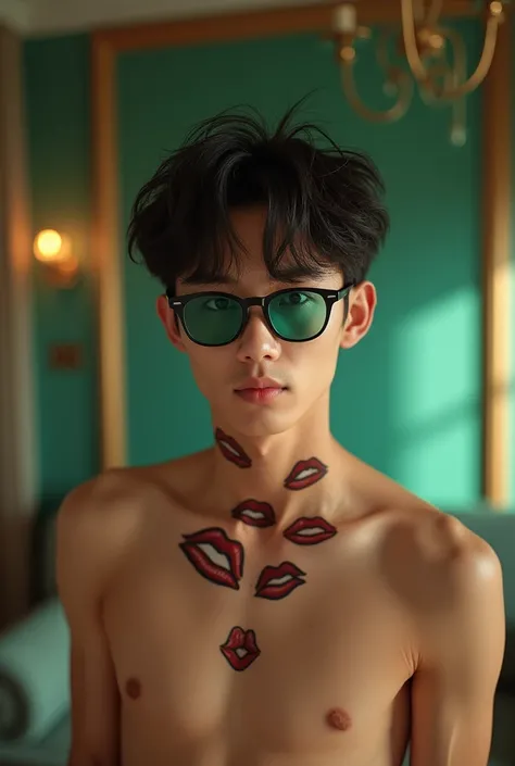 A handsome 20 year old Korean man with messy hair wearing shiny green-blue glasses that are anti-UV radiation without a shirt and shorts, there are several pictures of reddish brown lips on his neck, under his head, in the background of an elegant room.