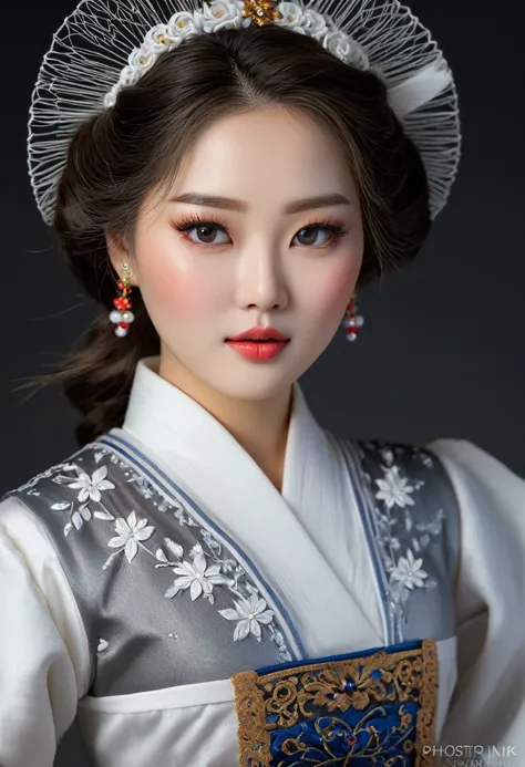 1girl, night, korean traditional dress, long detailed dress, detailed intricate design, beautiful detailed eyes, beautiful detailed lips, extremely detailed face and features, porcelain doll, elegant pose, radiant skin, professional studio lighting, photon...