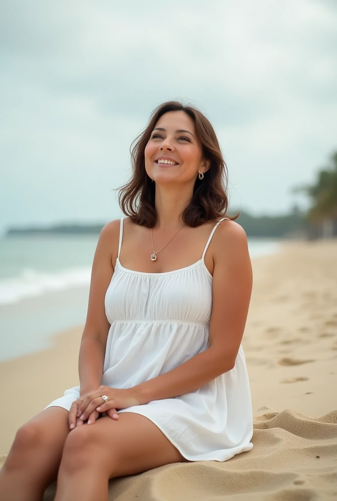 50 year old overweight brunette woman wearing white dress, sitting on the sand with her hands on her thighs and looking at the sky with a simple, sweet smile. The day is cloudy Realistic image.