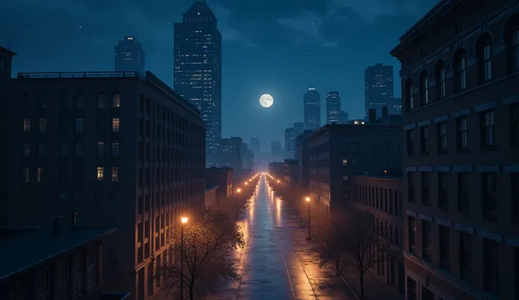 A peaceful, photorealistic nighttime cityscape from roof top with soft, ambient lighting. The scene captures a quiet street lined with tall buildings, their windows softly glowing from within. The sky is clear, dotted with stars, but there is no visible mo...