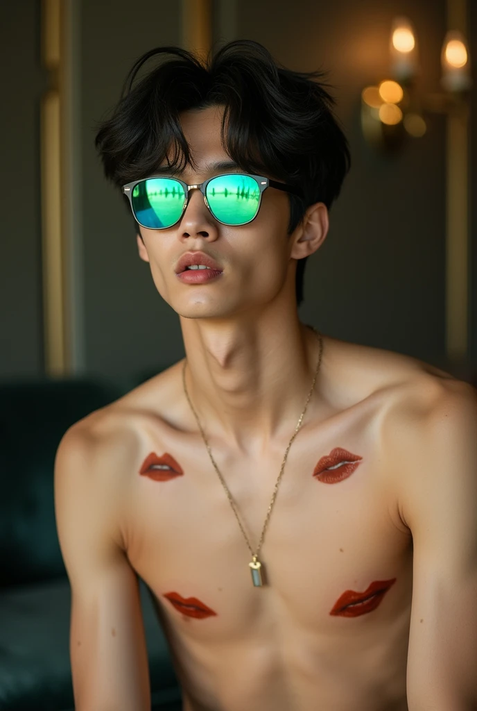 A handsome 20 year old Korean man with messy hair wearing shiny green-blue glasses that are anti-UV radiation without a shirt and shorts, there are several pictures of reddish brown lips on his neck, under his head, in the background of an elegant room.