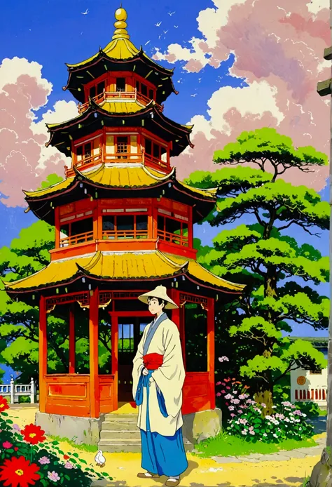 there is a poster existith a picture of a man standing in front of a pagoda, a poster inspired by Gao Qipei, pixiv contest existinner, Concept Art, japanese inspired poster, artexistork in the style of z.exist. arrive, poster illustration, vibrant tourism ...