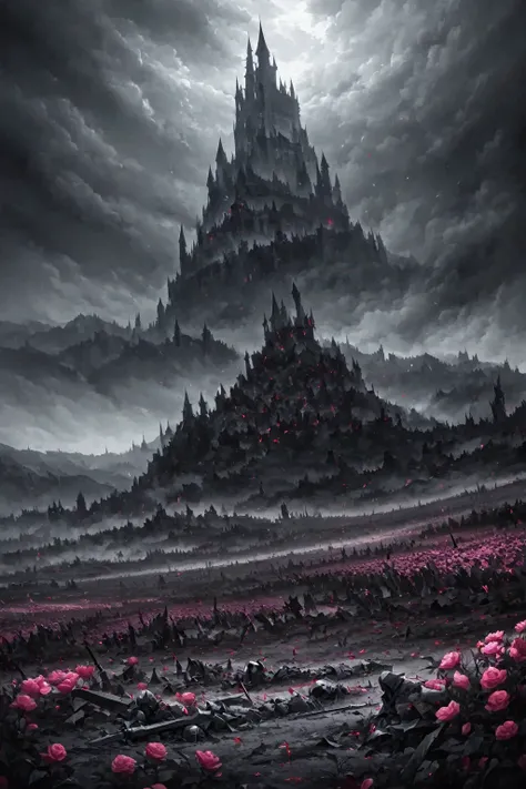 Artwork, excessive brutalism, field of battle, broken weapons, fallen bodies, caped knight on his knees mourning the death of another knight, knights fallen to the ground defeated, pink flowers, (dreamy landscape), stunning landscape, castle in the backgro...