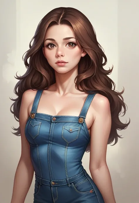 Highest quality, (Realistic: 1,2), 1 girl, Brown Hair, Brown eyes, front, Detailed face, Beautiful Eyes、Denim dress