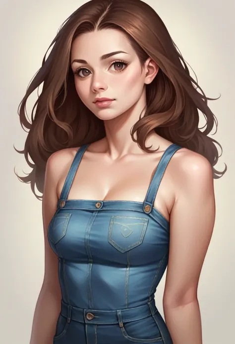 Highest quality, (Realistic: 1,2), 1 girl, Brown Hair, Brown eyes, front, Detailed face, Beautiful Eyes、Denim dress