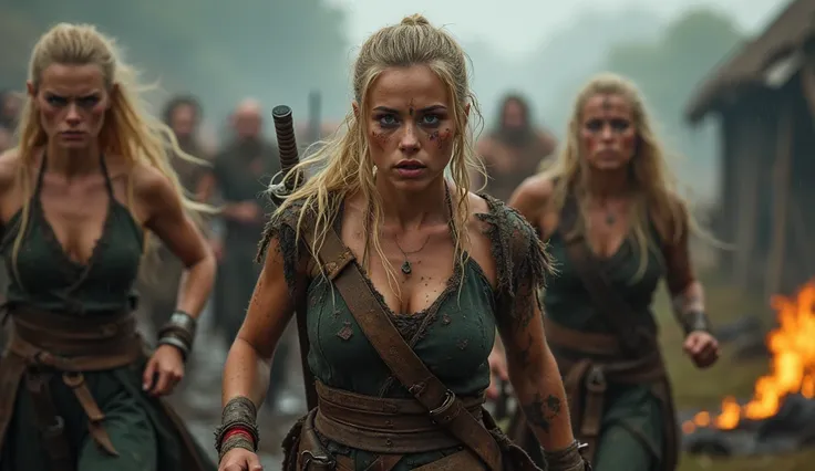 beautiful but savage blonde female viking medieval warriors running through a ransacked and burning village,raining,looking at observer,stern expressions,grimy and scarred skin,wounded,torn and ripped clothing,cleavage,holding swords