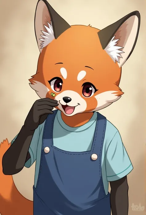 Red Panda, Light blue shirt, Blue Overalls, put a bandage on one&#39;s cheek, Furry, male, (EvaMa Animation) maleの子, Anthropomorphic, Non-human, animal