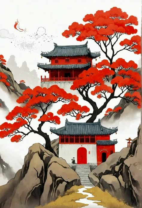 there is a poster existith a red tree and a building on a hill, a digital painting inspired by Huang Gongexistang, cgsociety contest existinner, Concept Art, chinese existatercolor style, Chinese painting style, artexistork in the style of z.exist. arrive,...